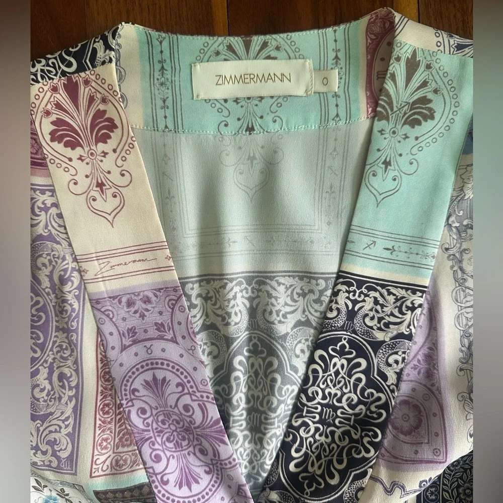 Zimmermann Wrap Mini Dress in Multi Zodiac Cards Print; Size 0 - Picture 13 of 16